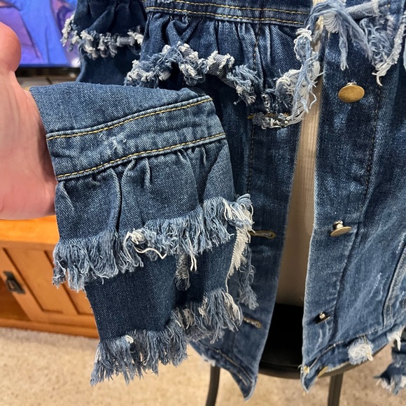 Upcycled Denim Jacket with Santa Graphic and Fringe - Picture 4 of 11